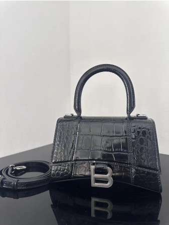 Balenciaga WOMEN'S HOURGLASS MINI HANDBAG CROCODILE EMBOSSED IN BLACK WITH SILVER HARDWARE L7.4 x H5.1 x W3.1 inch