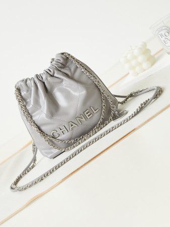 CHANEL 22 MINI HANDBAG Shiny Calfskin GREY 7.8 × 7.4 × 2.3 in
