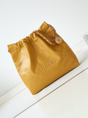 CHANEL 22 SMALL HANDBAG Shiny Calfskin YELLOW 13.7×14.4×2.7 in
