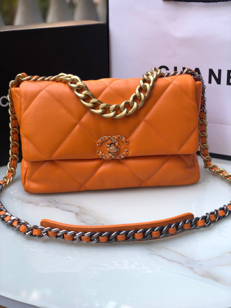 CHANEL 19 LARGE HANDBAG Shiny Leather, Gold-Tone, Silver-Tone & Ruthenium-Finish Metal Orange 7.8 × 11.7 × 3.9 in