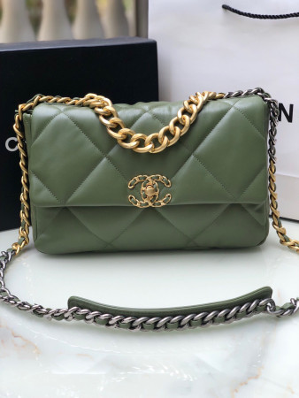CHANEL 19 LARGE HANDBAG Shiny Leather, Gold-Tone, Silver-Tone & Ruthenium-Finish Metal Dark Green 7.8 × 11.7 × 3.9 in
