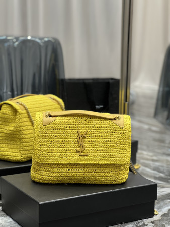 YSL NIKI MEDIUM CHAIN BAG IN RAFFIA AND LEATHER YELLOW 11 X 7.8 X 3.3 INCHES
