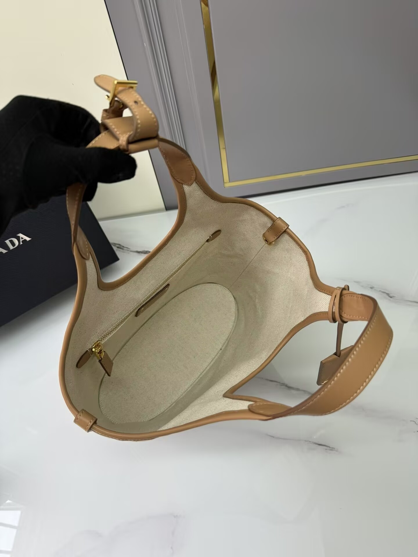 Prada Natural Medium Linen Blend And Leather Tote Bag 28x22.5x12.5cm