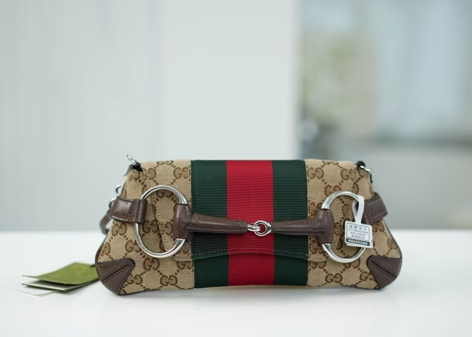 Gucci Monogram Textured Dollar Calfskin Heavy Grosgrain Web Medium Maxi Horsebit Chain Shoulder Bag 27x11.5x5cm