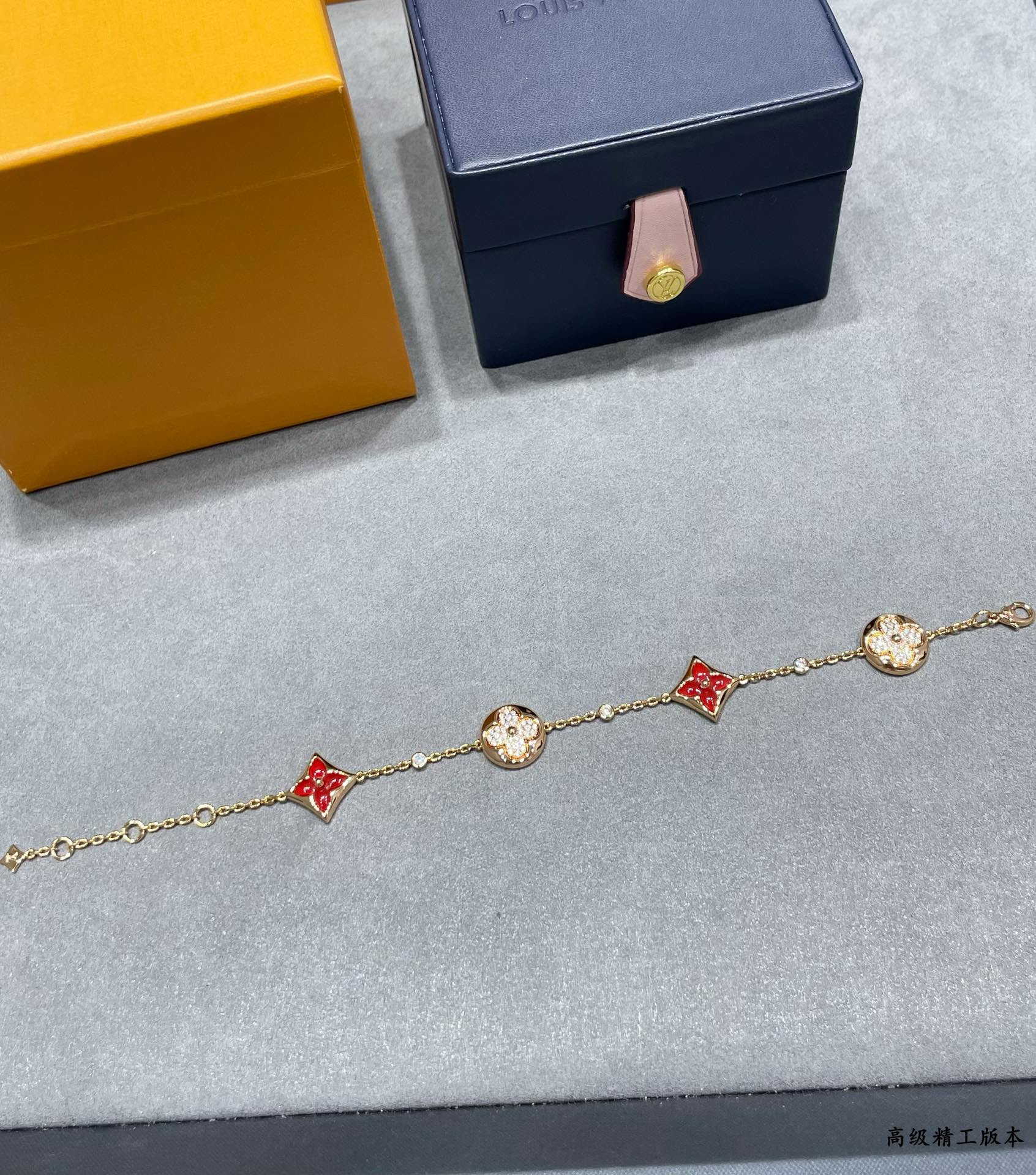 Louis Vuitto Large with Red Agate and Diamonds Four-Flower Bracelet