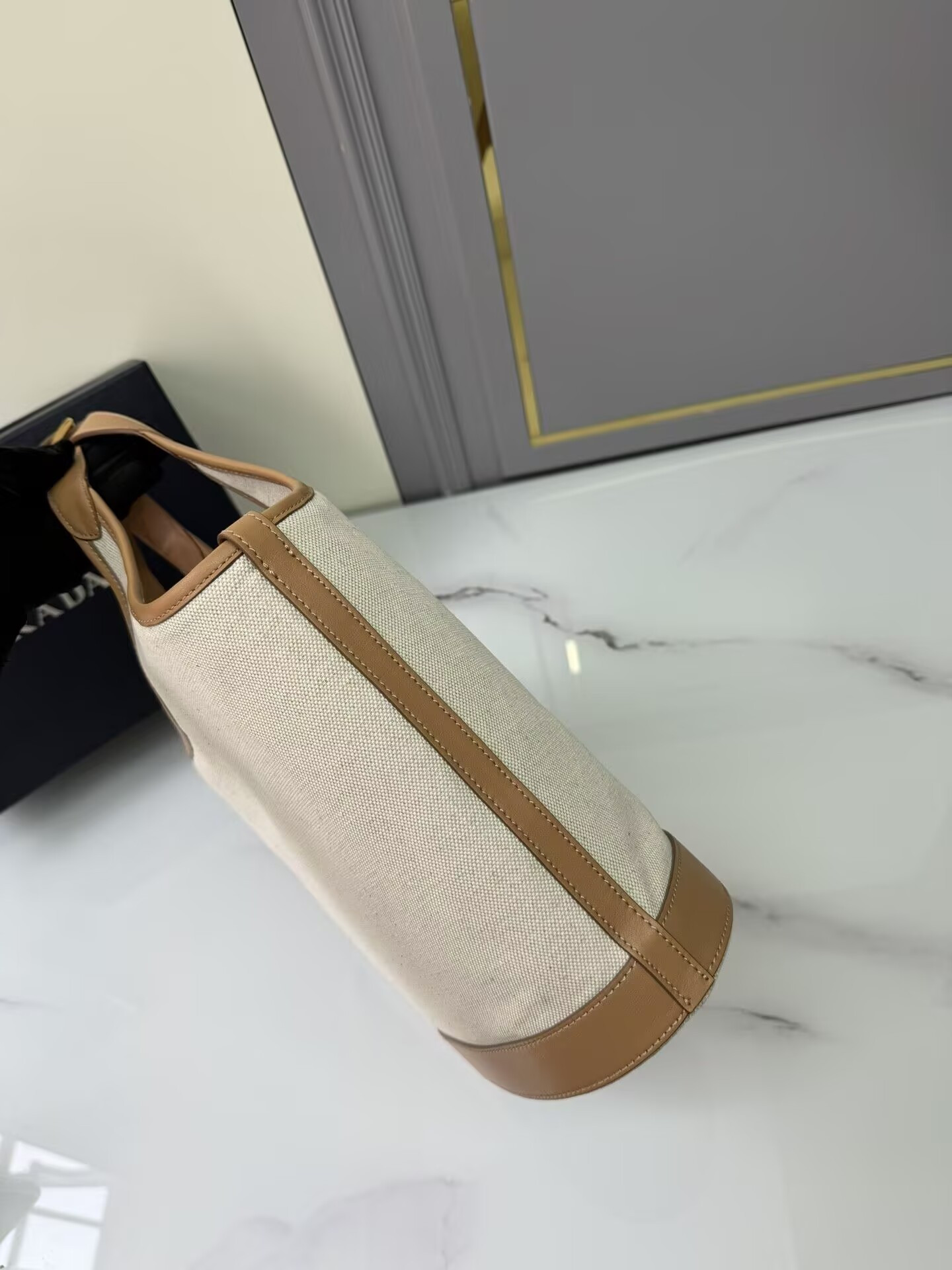 Prada Natural Medium Linen Blend And Leather Tote Bag 28x22.5x12.5cm