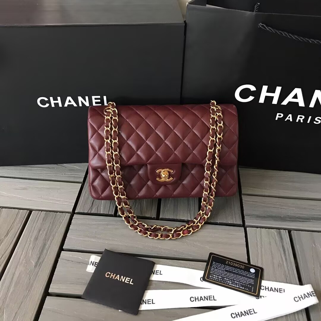 Chanel CLASSIC 11.12 HANDBAG  Lambskin &Brown Metal Burqundy 15.5 x 25.5 x 6.5 cm