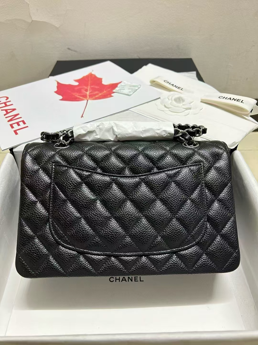 CHANEL SMALL CLASSIC HANDBAG Grained Calfskin & Silver-Tone Metal Black 5.7 × 9 × 2.3 in
