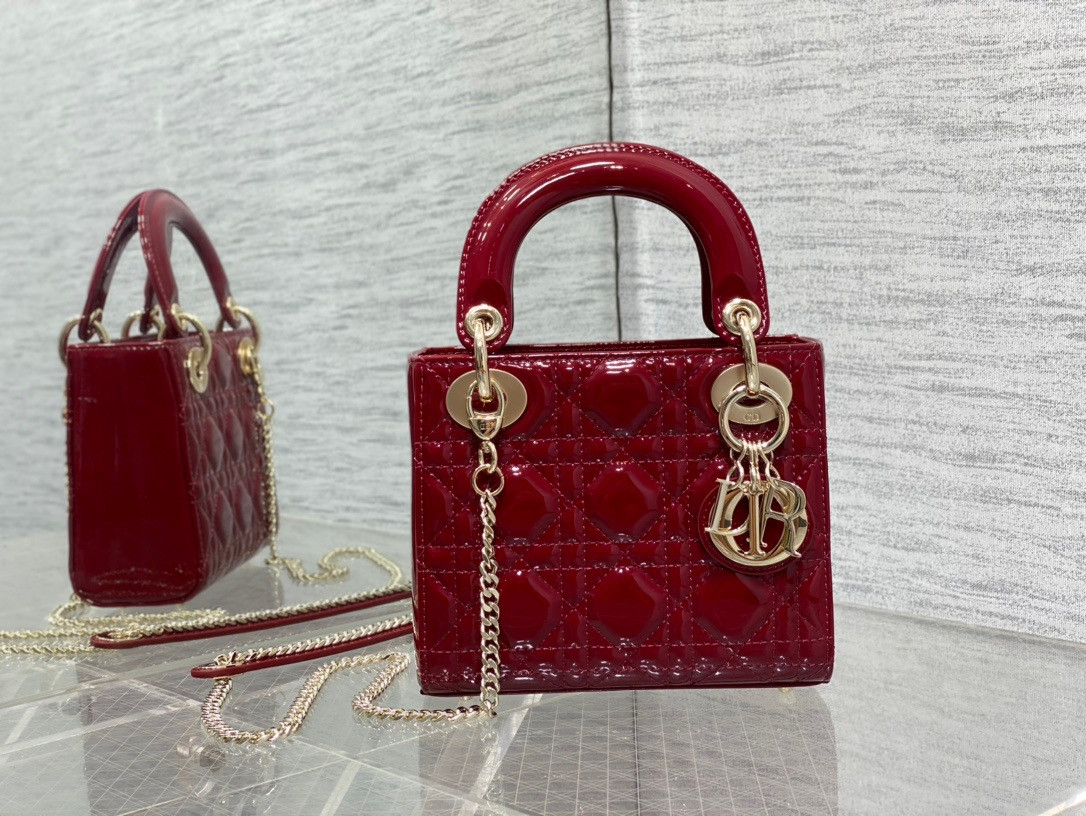 Mini Lady Dior Bag  Cherry Red Patent Cannage Calfskin 6.5 x 6 x 3 inches