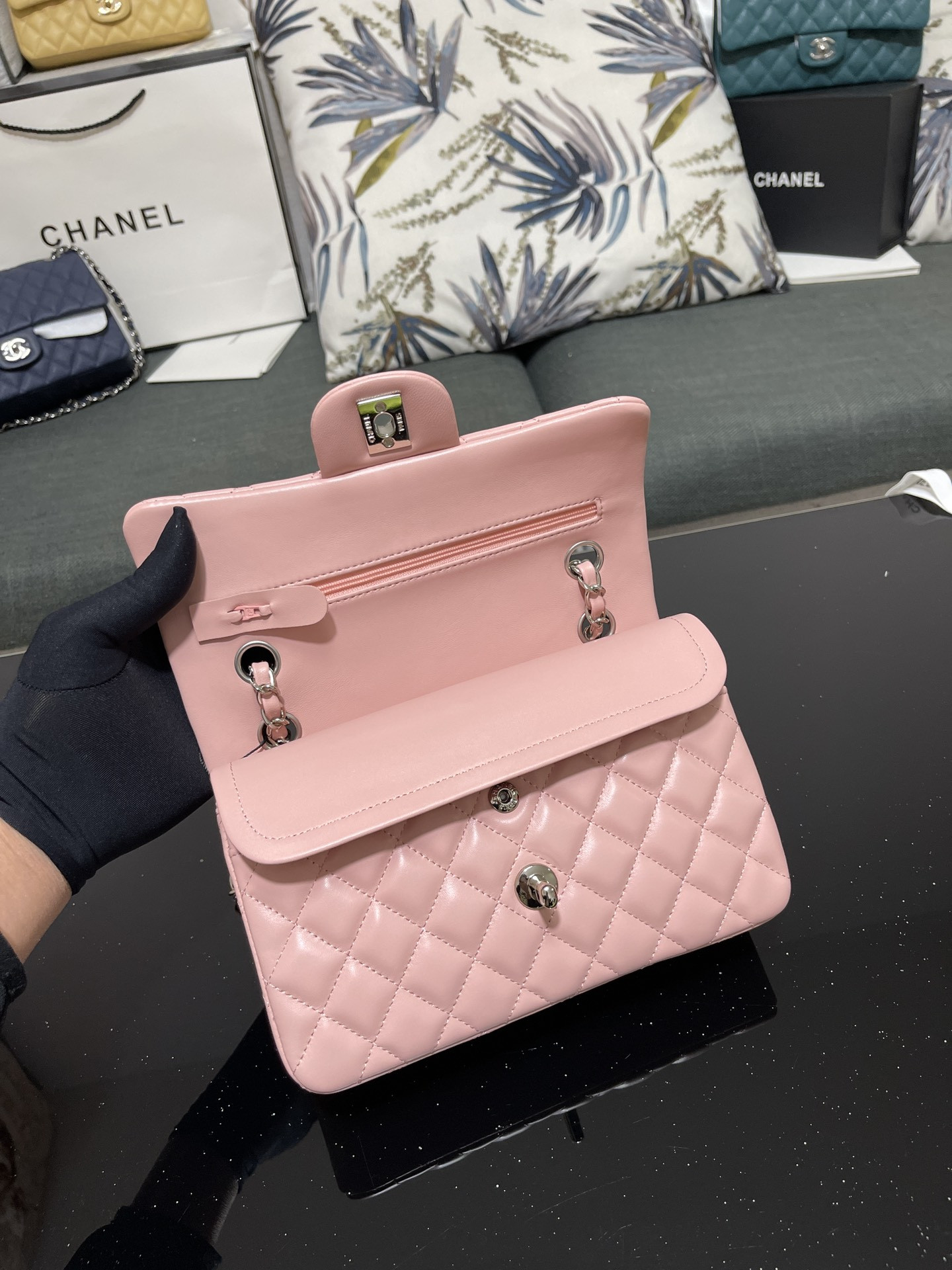 CHANEL SMALL CLASSIC HANDBAG Lambskin Pink 5.7 × 9 × 2.3 in