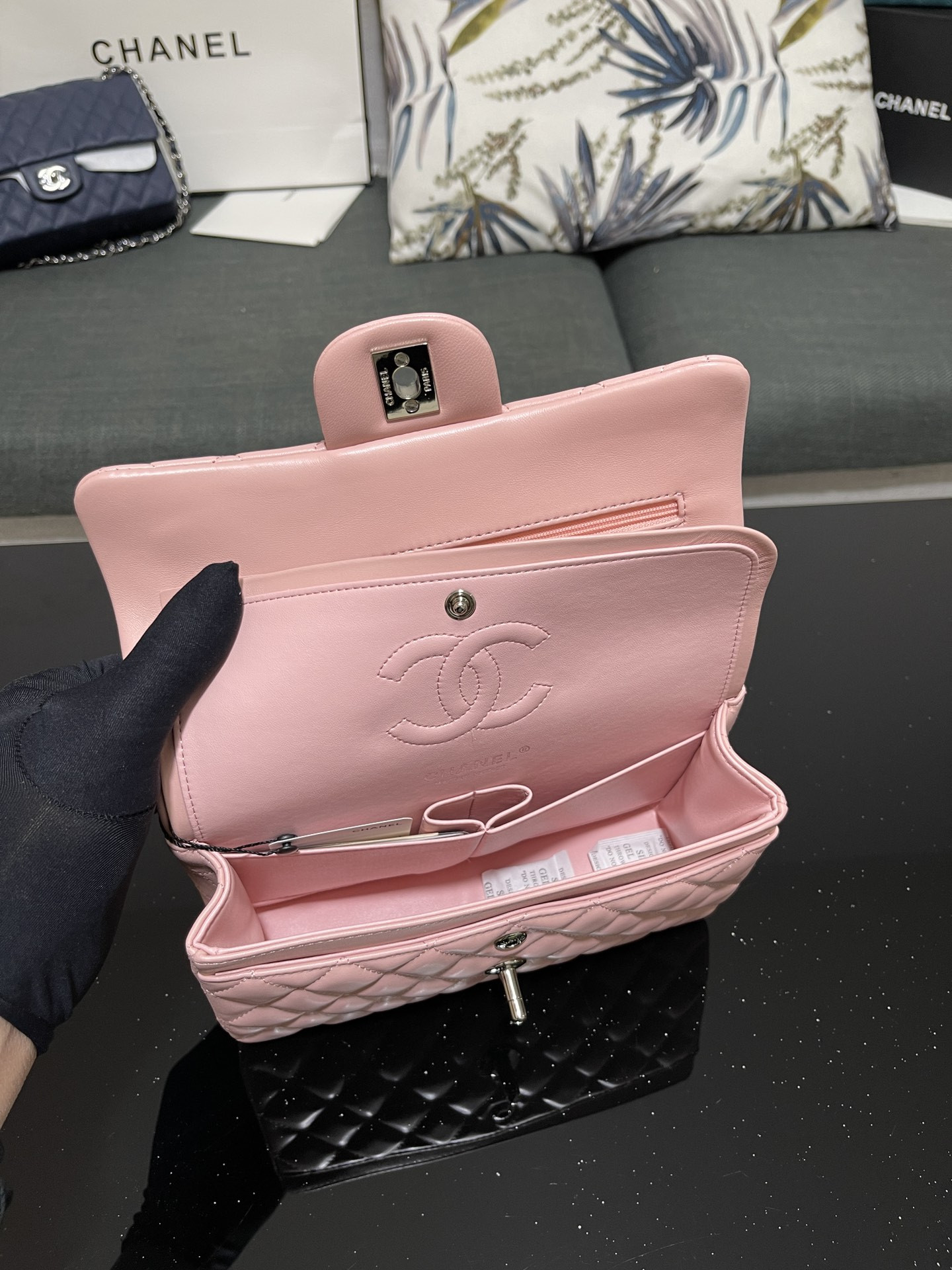 CHANEL SMALL CLASSIC HANDBAG Lambskin Pink 5.7 × 9 × 2.3 in