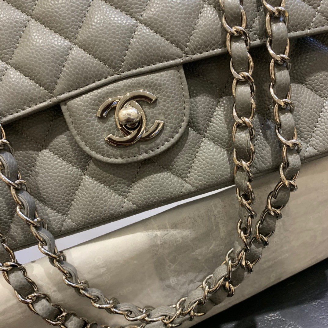 CHANEL Classic Handbag in Grained Litchi Pattern Calfskin & Silver-Tone Metal, Gray 6 × 9.9 × 2.5 inches