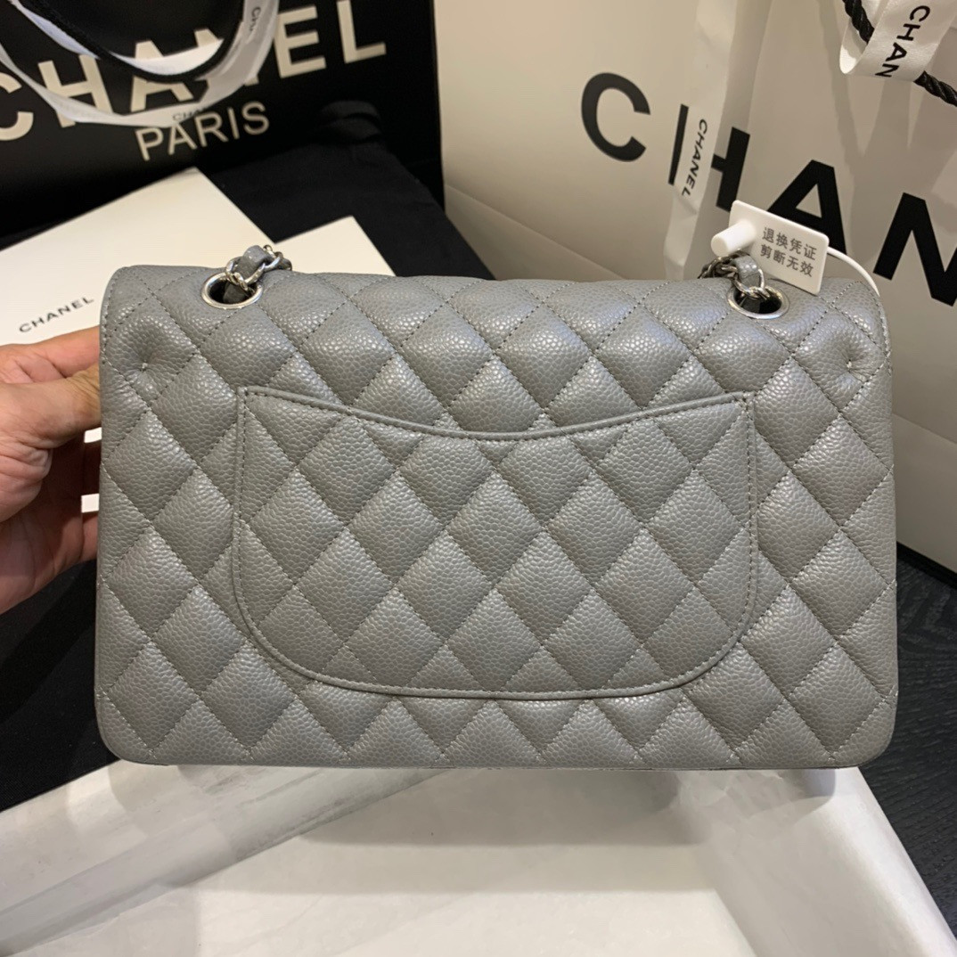 CHANEL Classic Handbag in Grained Litchi Pattern Calfskin & Silver-Tone Metal, Gray 6 × 9.9 × 2.5 inches