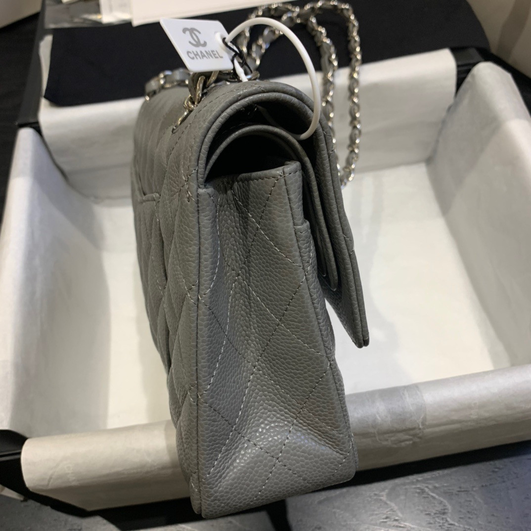 CHANEL Classic Handbag in Grained Litchi Pattern Calfskin & Silver-Tone Metal, Gray 6 × 9.9 × 2.5 inches