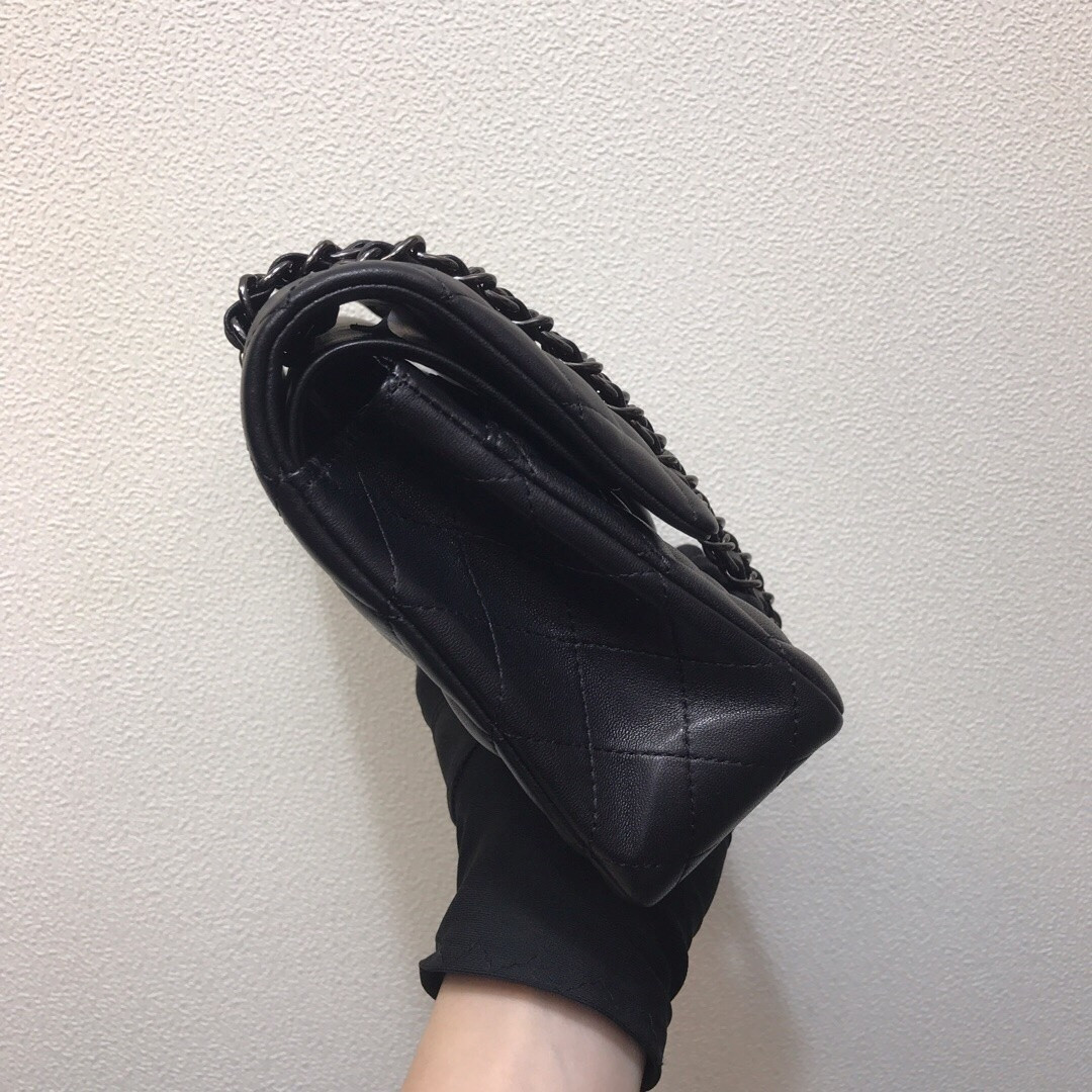 CHANEL CRUMPLED CALFSKIN QUITED DOUBLE FLAP BLACK  15.5x25.5x6.5cm