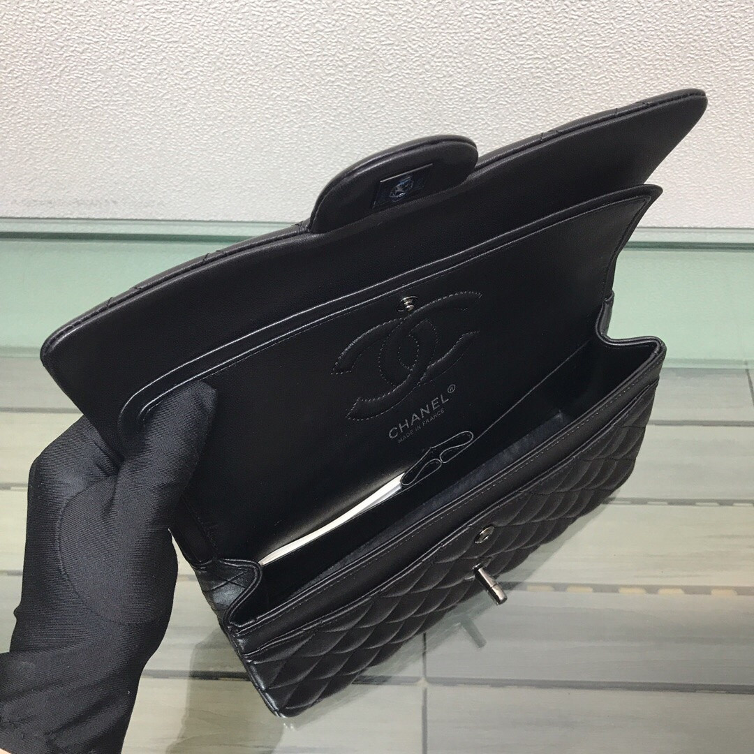 CHANEL CRUMPLED CALFSKIN QUITED DOUBLE FLAP BLACK  15.5x25.5x6.5cm