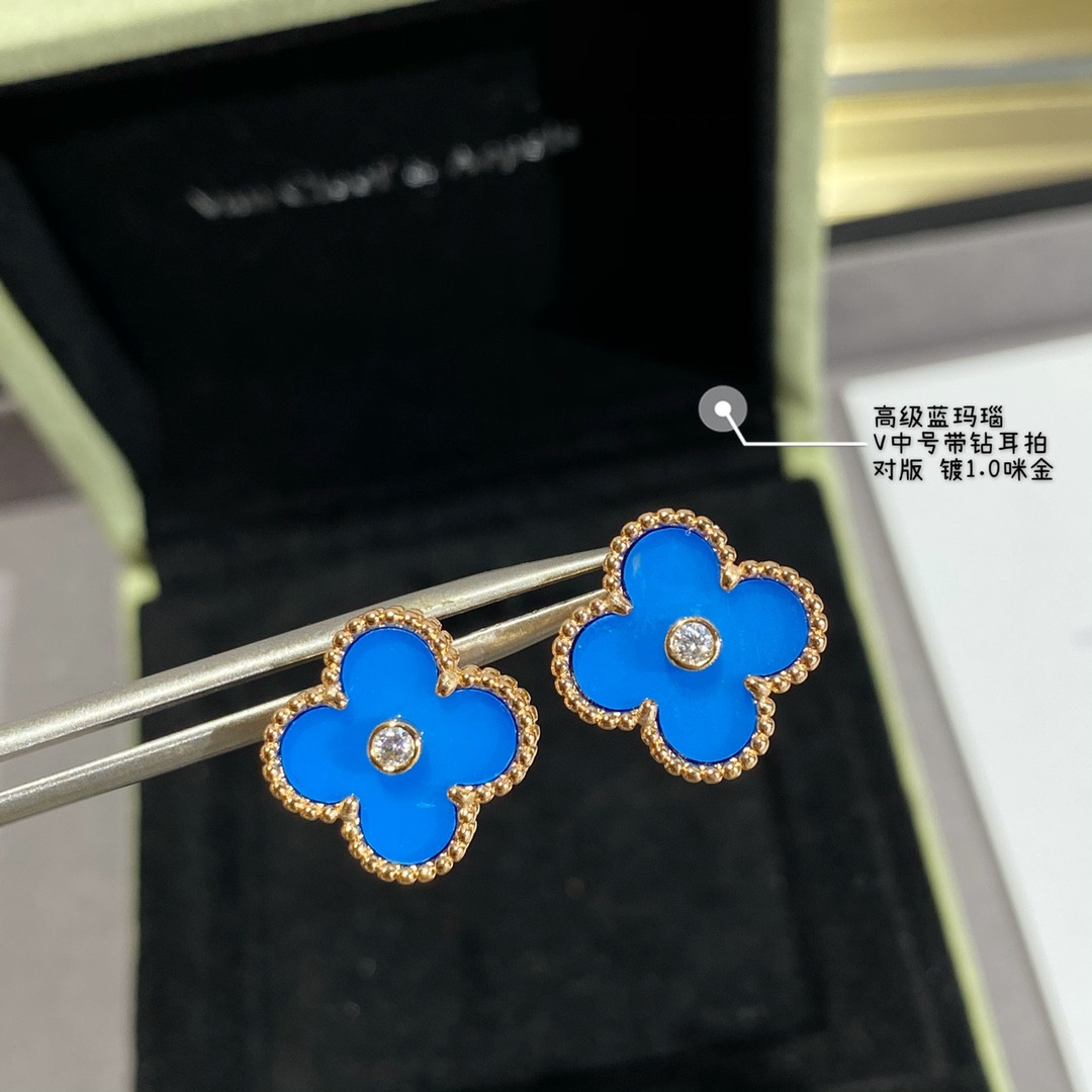 Van Cleef & Arpels Sapphire Blue Agate Diamond Four-Leaf Clover Earrings