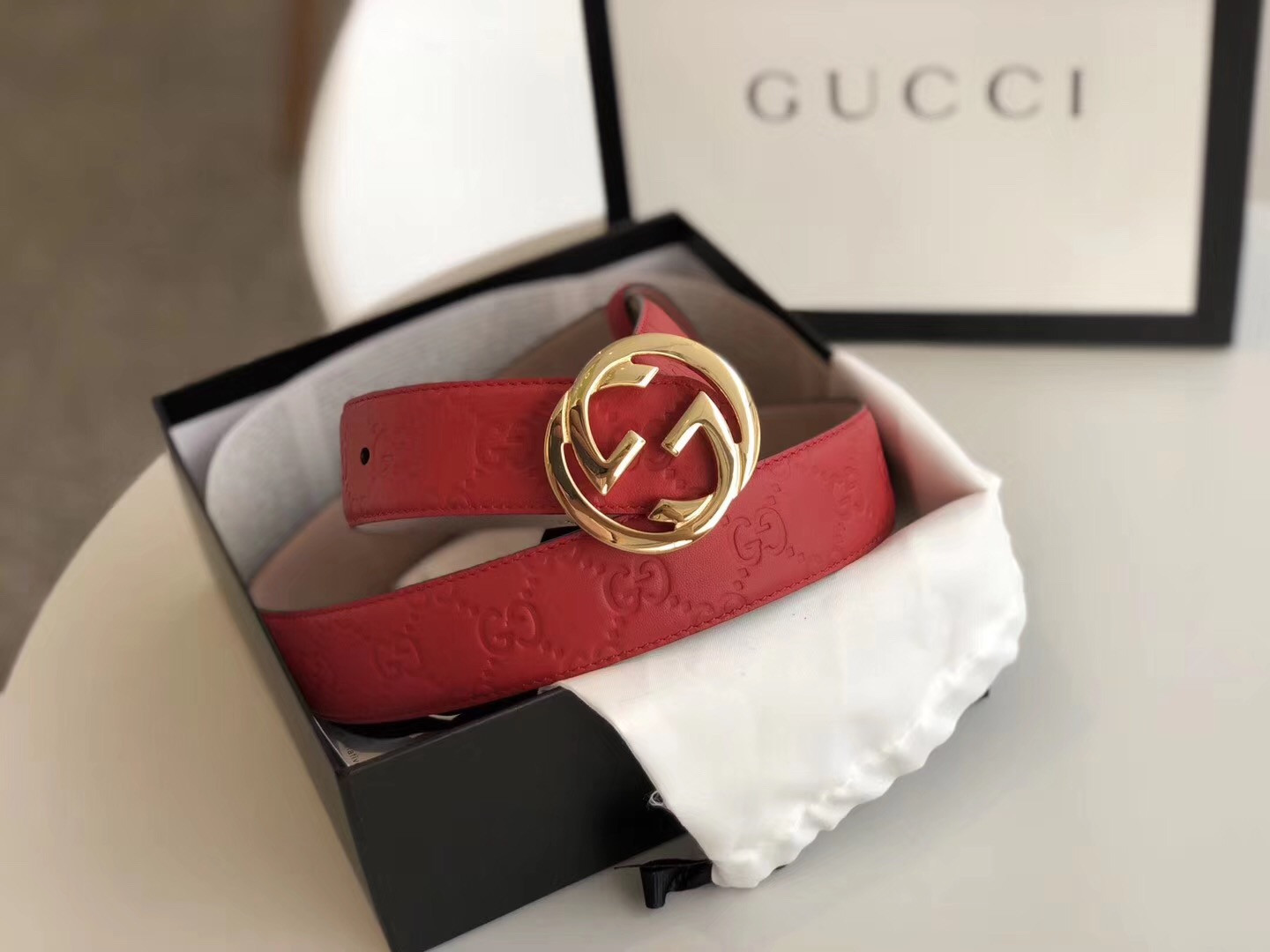 Red Gucci Signature Leather Women Belt