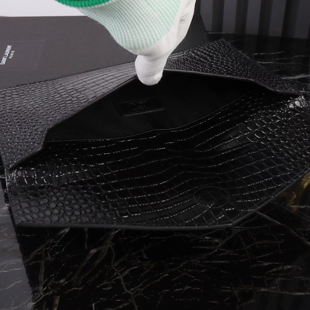 YSL UPTOWN POUCH IN CROCODILE-EMBOSSED SHINY LEATHER BLACK 10.6 X 6.2 X 0.7 INCHES