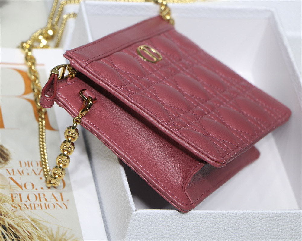 DIOR CARO ZIPPED POUCH WITH CHAIN Red Supple Cannage Calfskin 19 x 14 x 4.5 cm