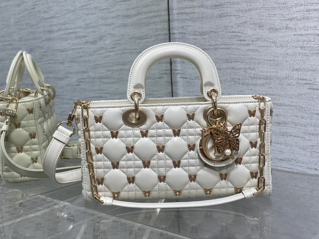 DIOR MEDIUM LADY D-JOY BAG White with Butterfly Studs