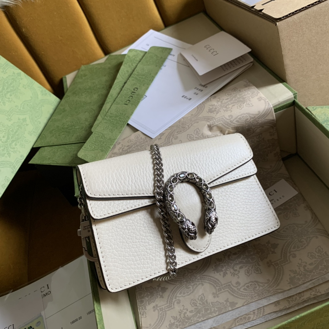 GUCCI DIONYSUS LEATHER SUPER MINI BAG WHITE 6.5"Wx3.9"Hx1.6"D