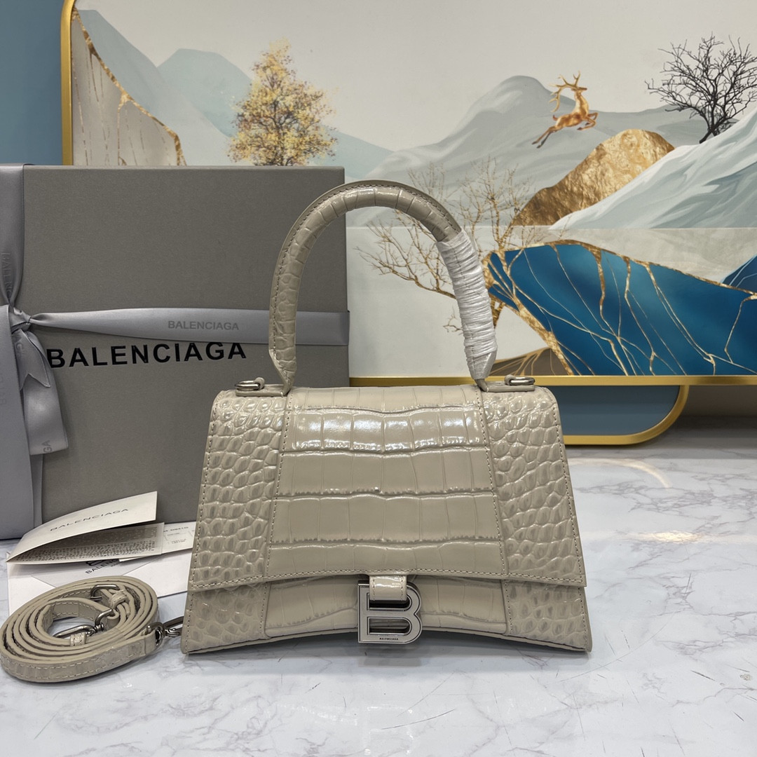 BALENCIAGA WOMEN'S HOURGLASS SMALL HANDBAG CROCODILE EMBOSSED IN GREY L9 x H5.5 x W3.9 inch