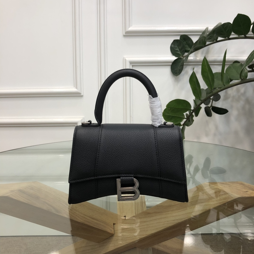 Balenciaga WOMEN'S HOURGLASS MINI HANDBAG GRAINED LEATHER IN BLACK L7.4 x H5.1 x W3.1 inch