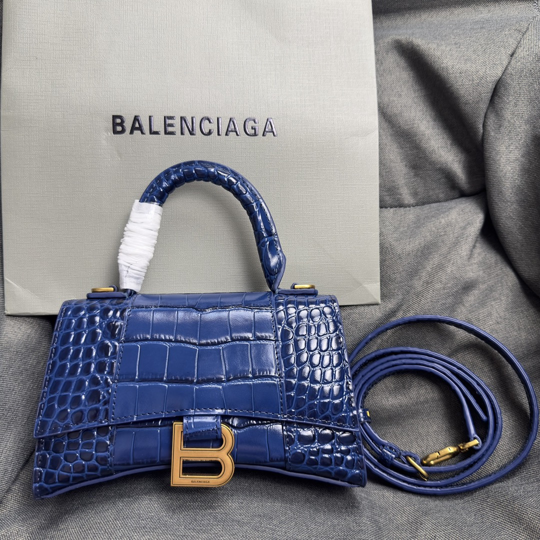 Balenciaga WOMEN'S HOURGLASS MINI HANDBAG CROCODILE EMBOSSED IN NAVY L7.4 x H5.1 x W3.1 inch