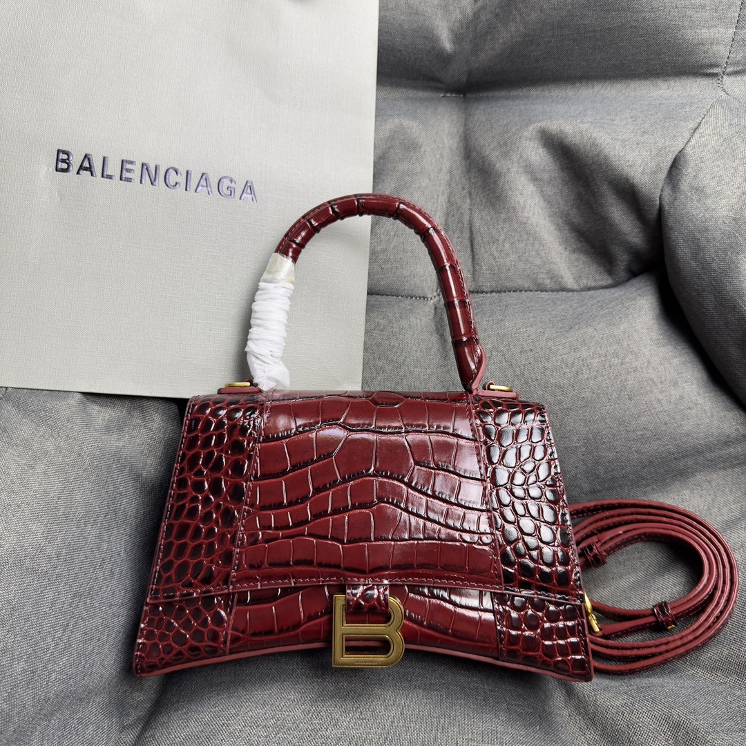 BALENCIAGA WOMEN'S HOURGLASS SMALL HANDBAG CROCODILE EMBOSSED IN CLARET L9 x H5.5 x W3.9 inch