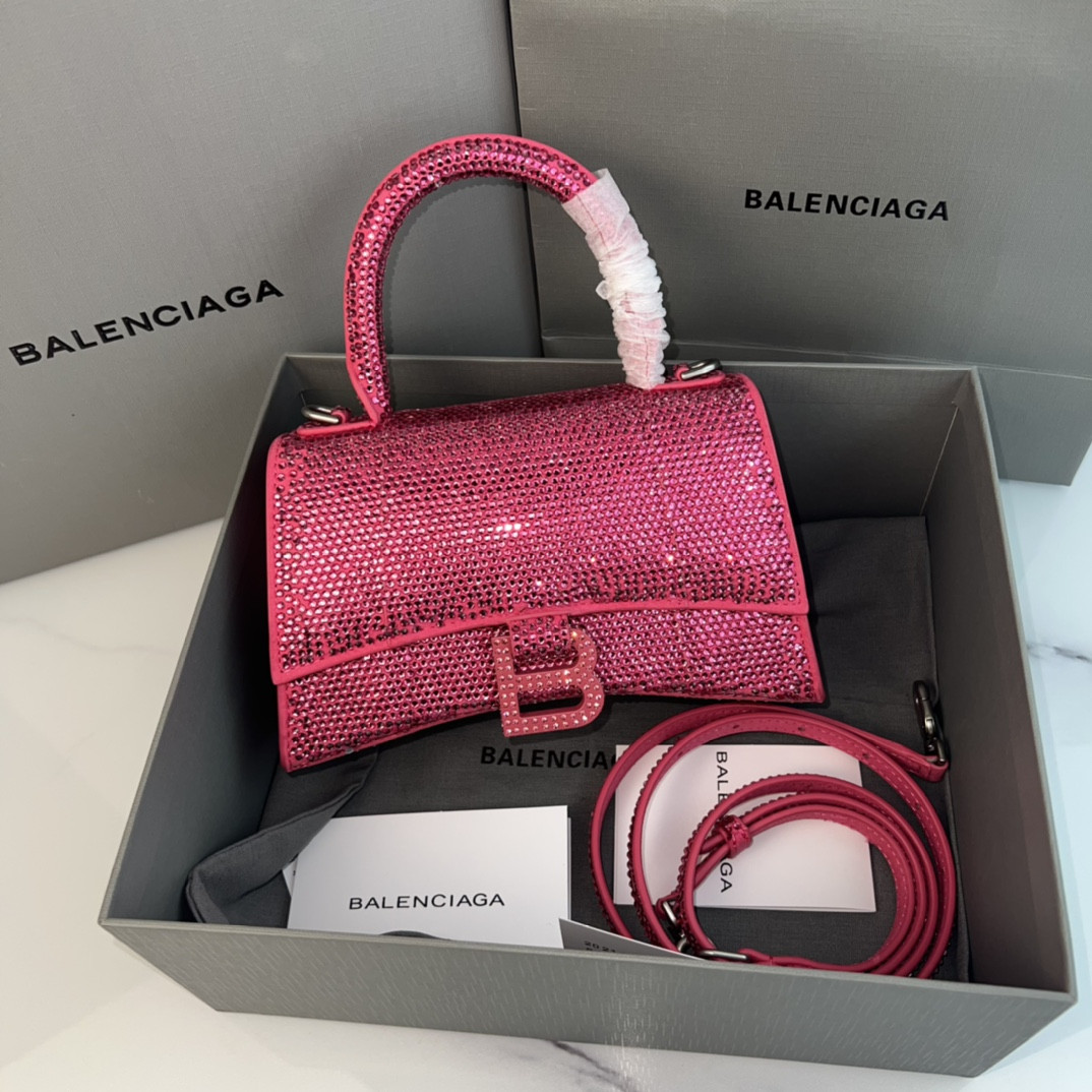 Balenciaga WOMEN'S HOURGLASS MINI HANDBAG With Rhinestones Rosered L7.4 x H5.1 x W3.1 inch