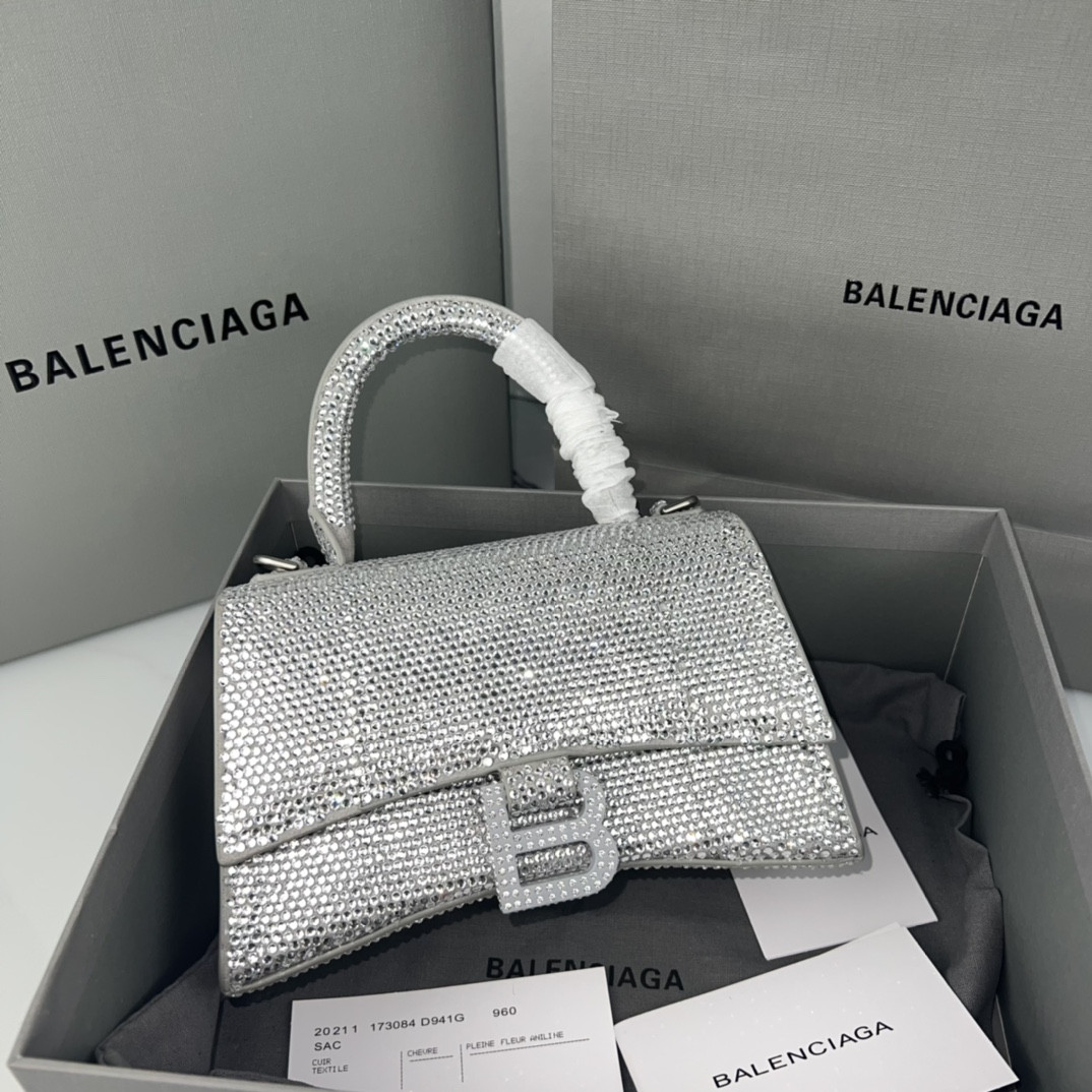 Balenciaga WOMEN'S HOURGLASS MINI HANDBAG With Rhinestones Silver L7.4 x H5.1 x W3.1 inch