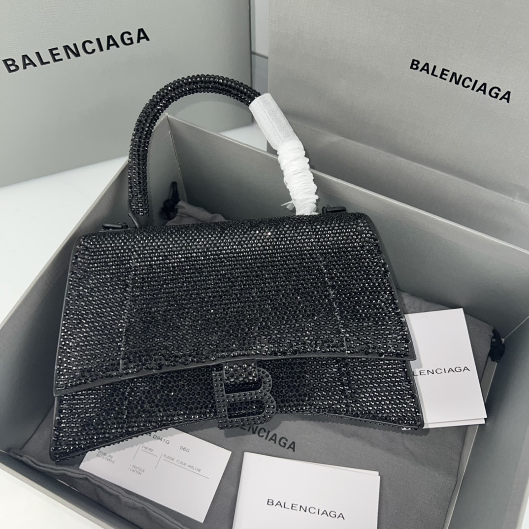 BALENCIAGA WOMEN'S HOURGLASS SMALL HANDBAG WITH RHINESTONES BLACK L9 x H5.5 x W3.9 inch