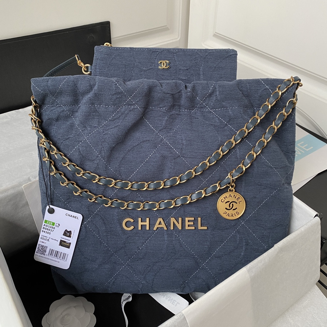 CHANEL 22 SMALL HANDBAG velvet NAVY 13.7×14.4×2.7 in