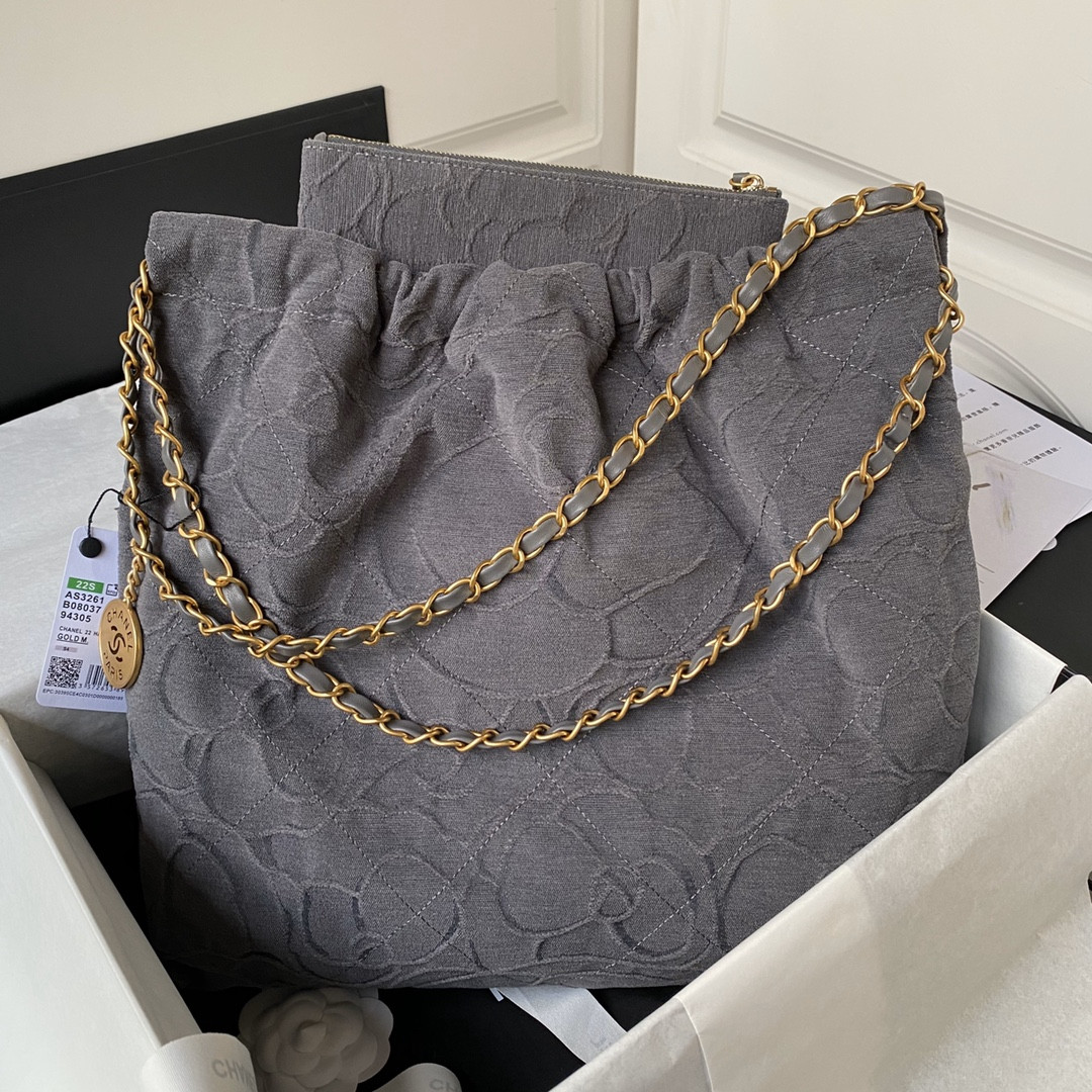 CHANEL 22 HANDBAG velvet GREY 15.2×16.4×3.1 in