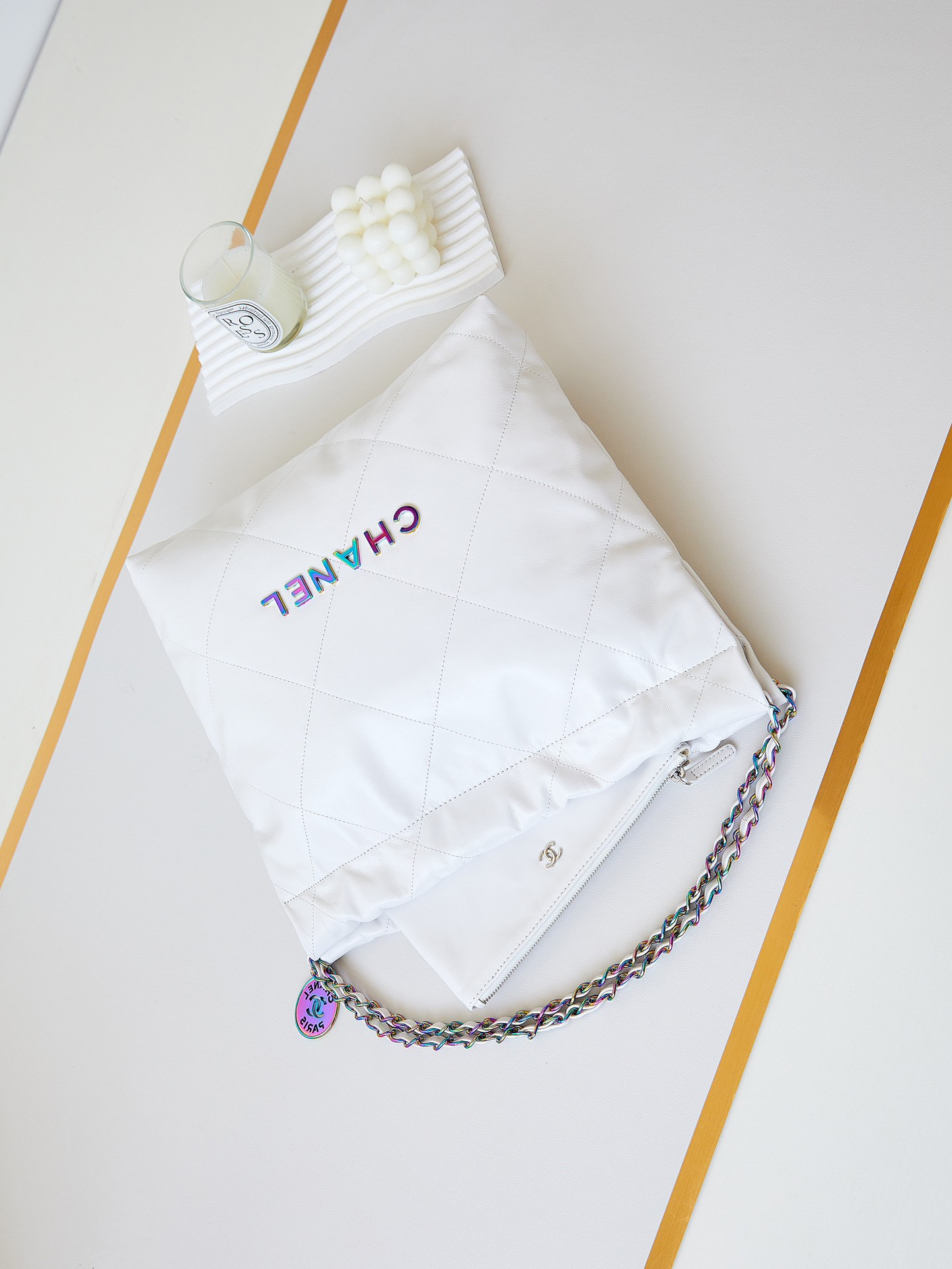 CHANEL 22 SMALL HANDBAG Shiny Calfskin & Rainbow Metal White 13.7×14.4×2.7 in