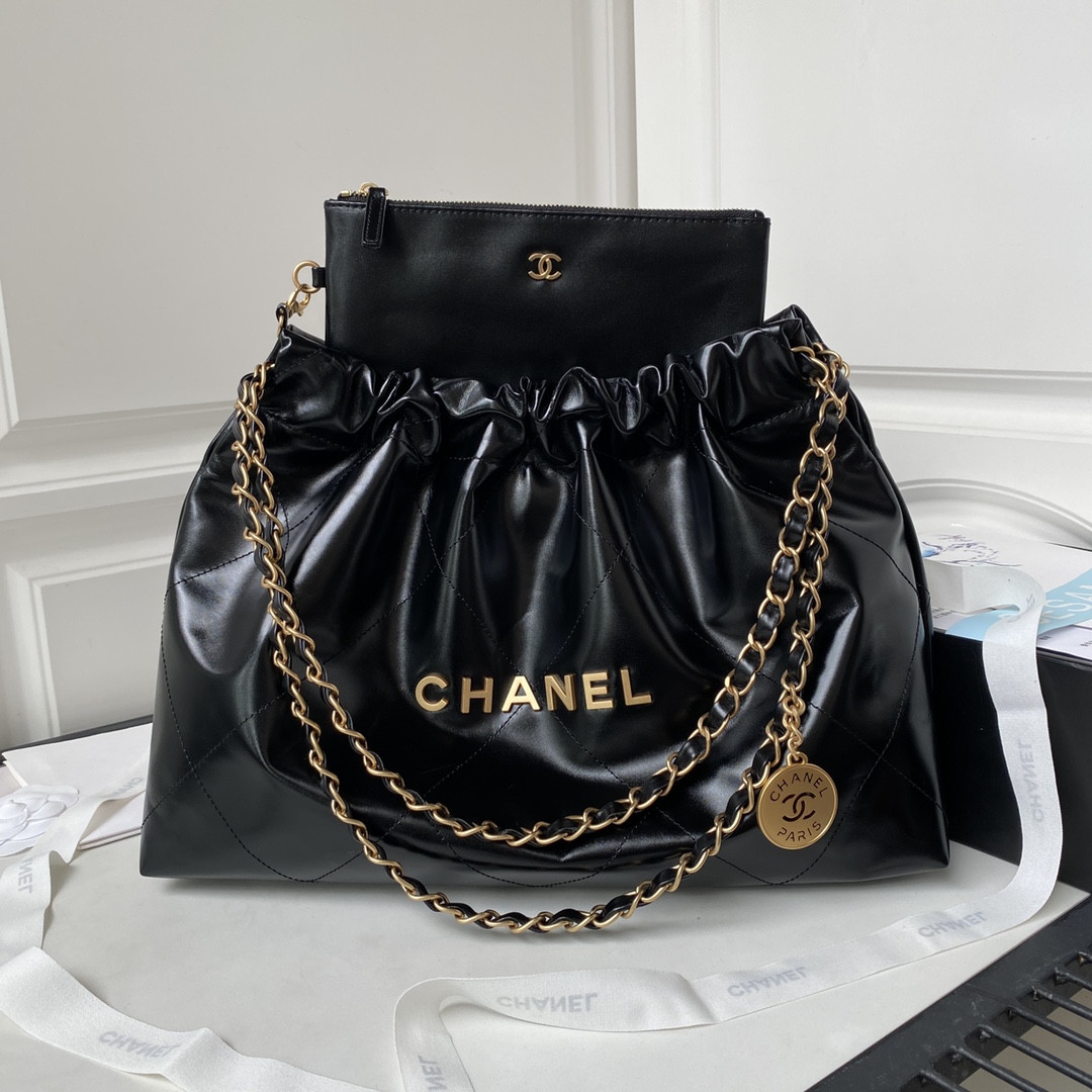 CHANEL 22 HANDBAG Shiny Calfskin BLACK 30×45×8cm
