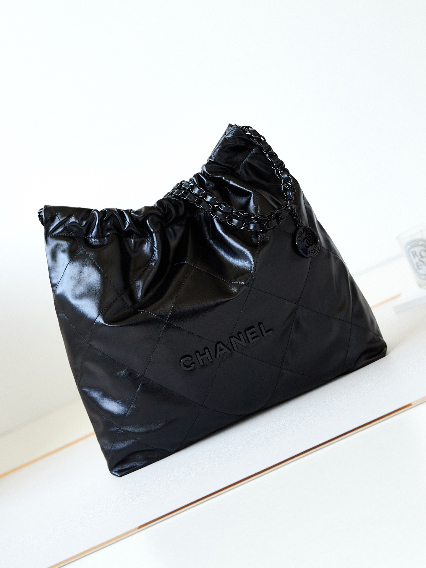 CHANEL 22 HANDBAG Shiny Calfskin ALL Black 15.2×16.4×3.1 in