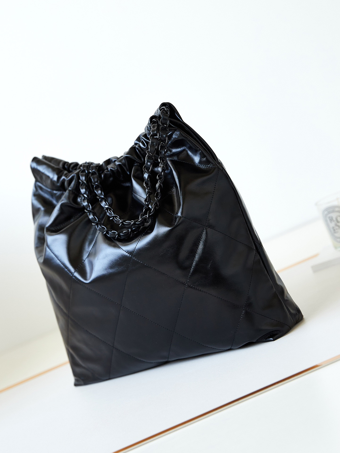 CHANEL 22 HANDBAG Shiny Calfskin ALL Black 15.2×16.4×3.1 in