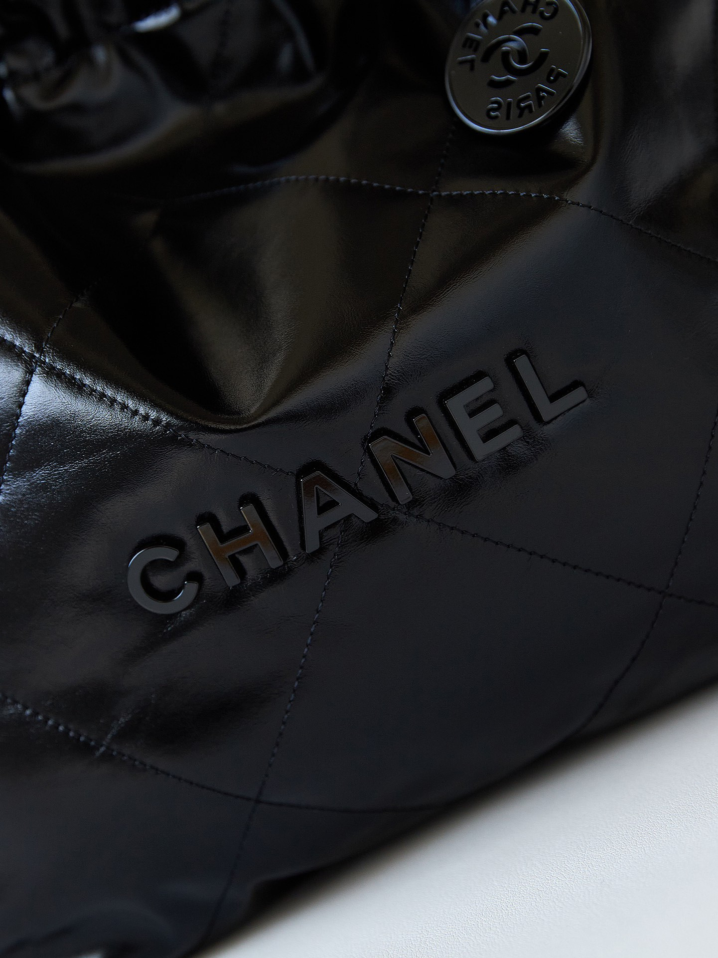 CHANEL 22 SMALL HANDBAG Shiny Calfskin ALL BLACK 13.7×14.4×2.7 in