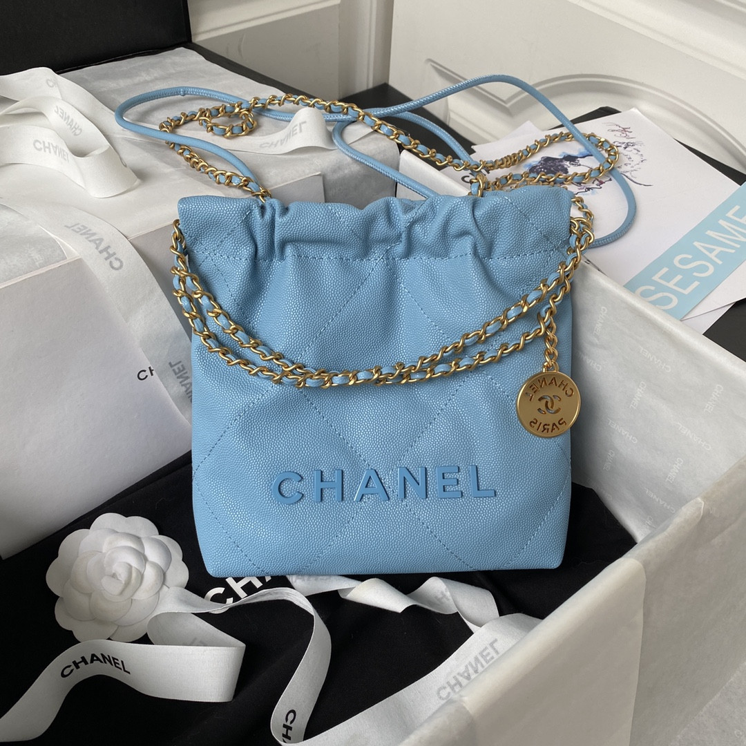 CHANEL 22 MINI HANDBAG GRAINED LEATHER BLUE 7.8 × 7.4 × 2.3 in