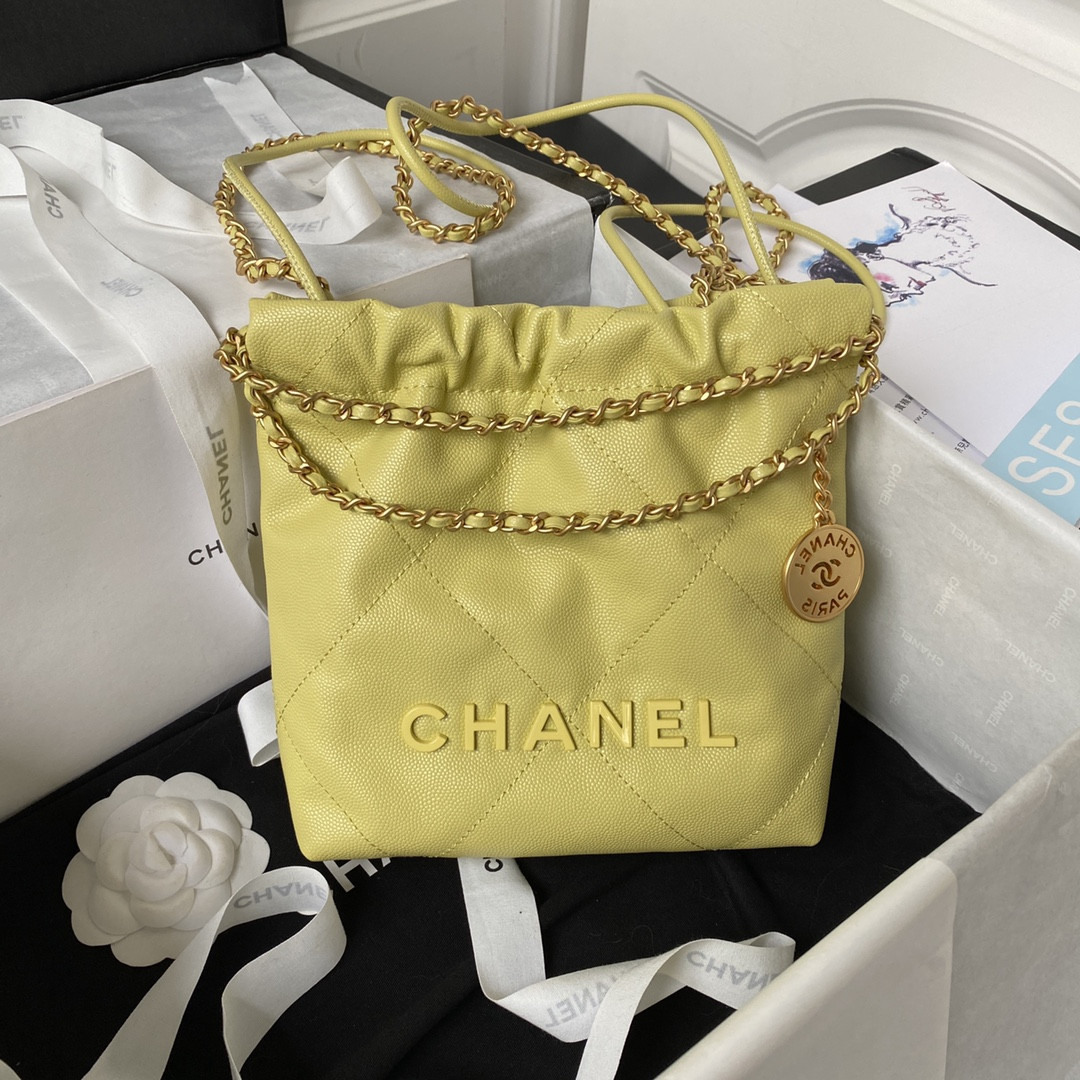 CHANEL 22 MINI HANDBAG GRAINED LEATHER YELLOW 7.8 × 7.4 × 2.3 in