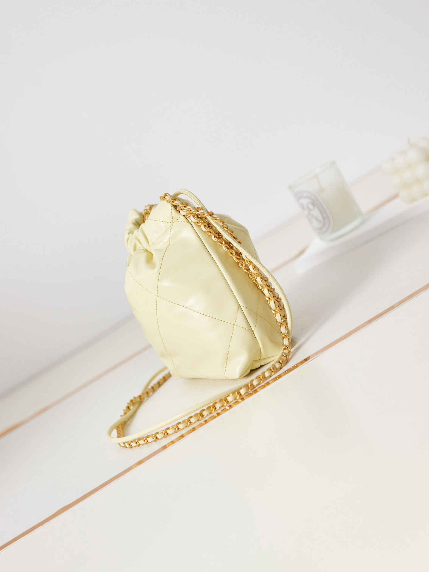 CHANEL 22 MINI HANDBAG Shiny Calfskin Yellow 7.8 × 7.4 × 2.3 in