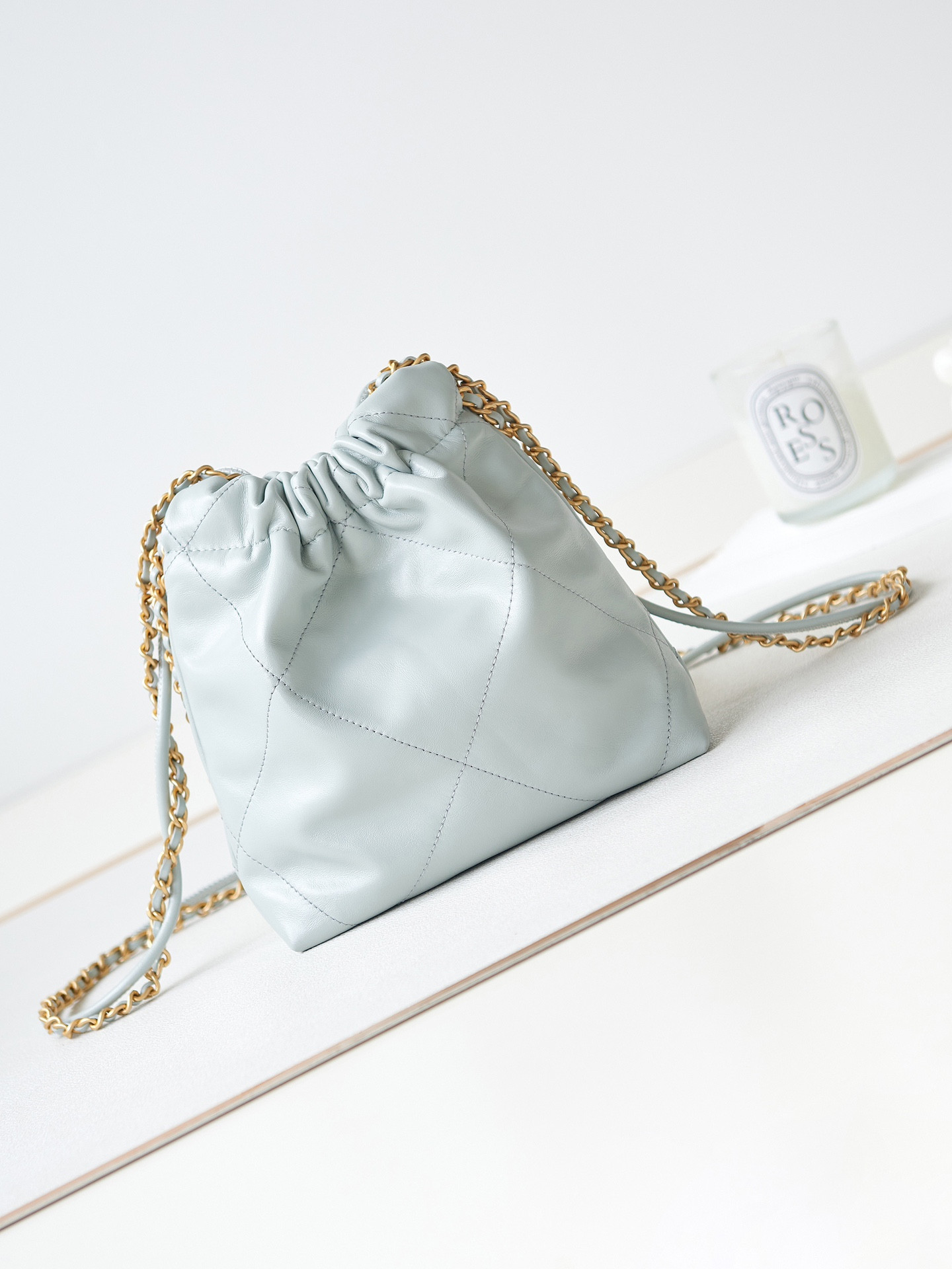 CHANEL 22 MINI HANDBAG Shiny Calfskin Light Blue 7.8 × 7.4 × 2.3 in