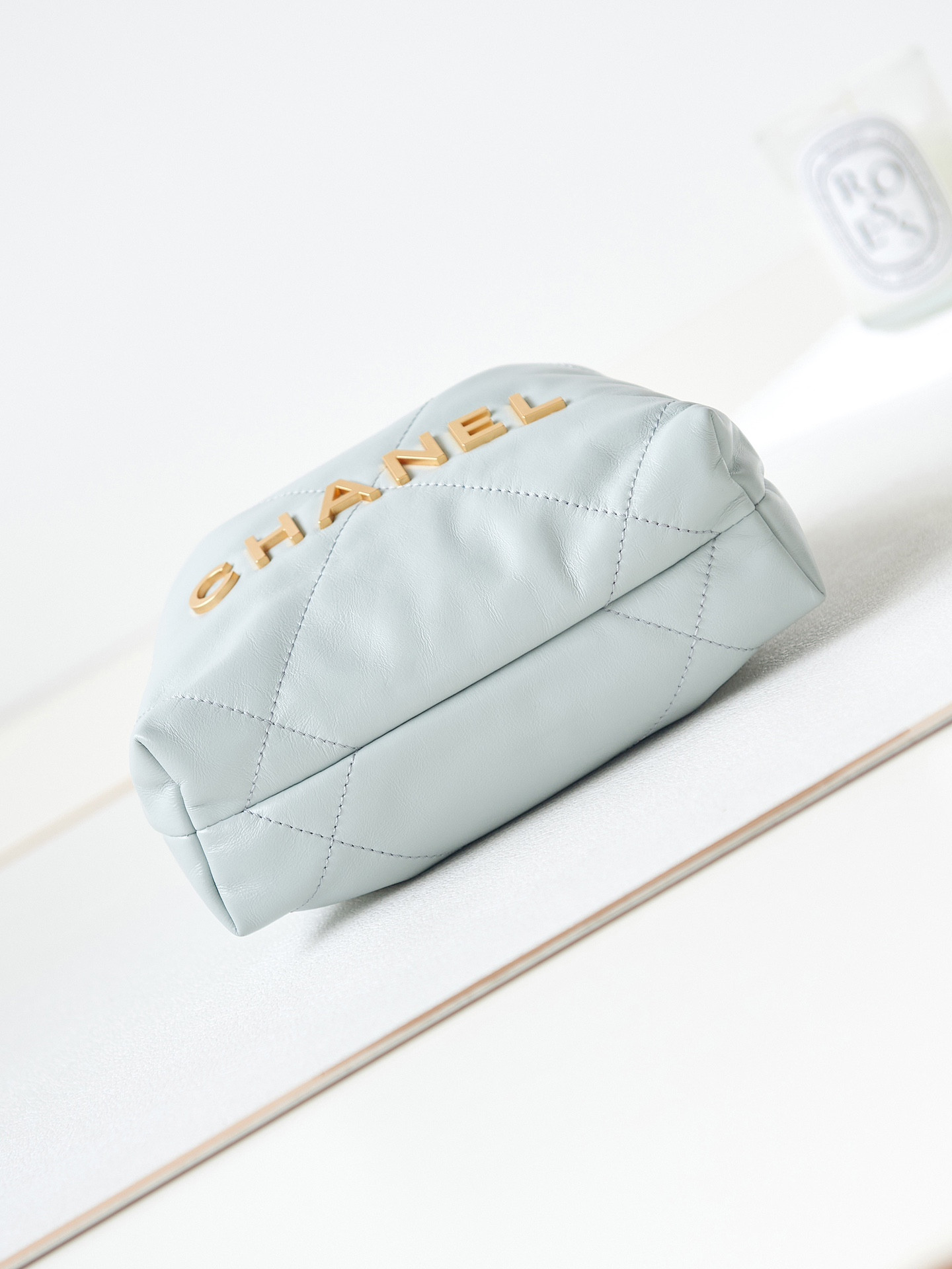 CHANEL 22 MINI HANDBAG Shiny Calfskin Light Blue 7.8 × 7.4 × 2.3 in