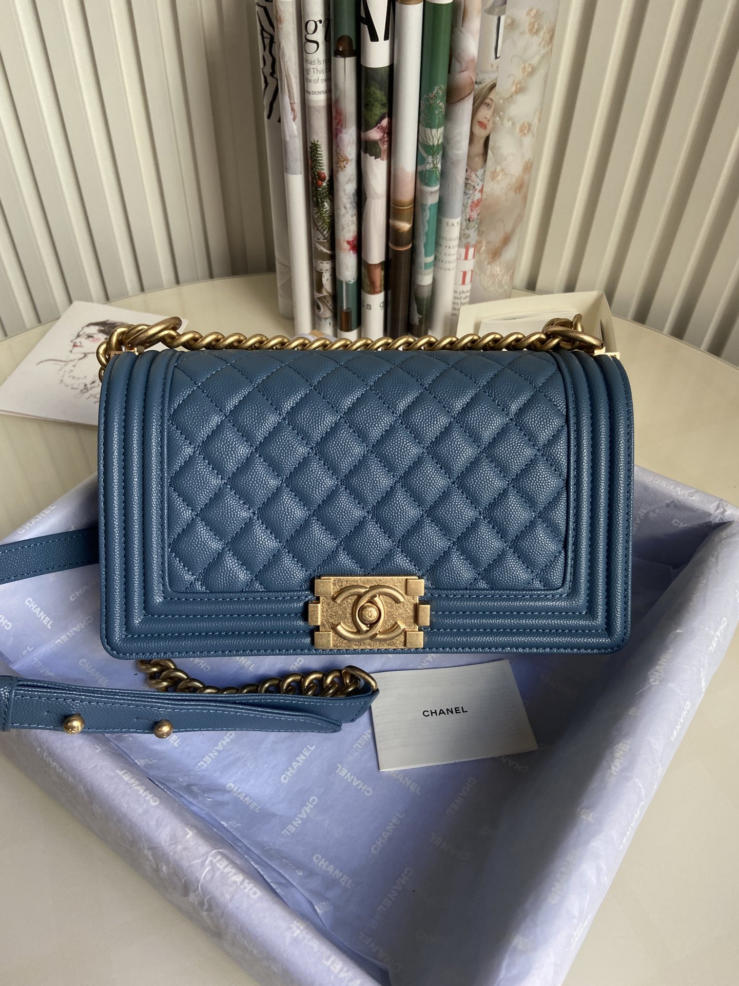 BOY CHANEL HANDBAG Shiny Grained Calfskin & Gold-Tone Metal Blue 5.9 × 9.8 × 3.5 in