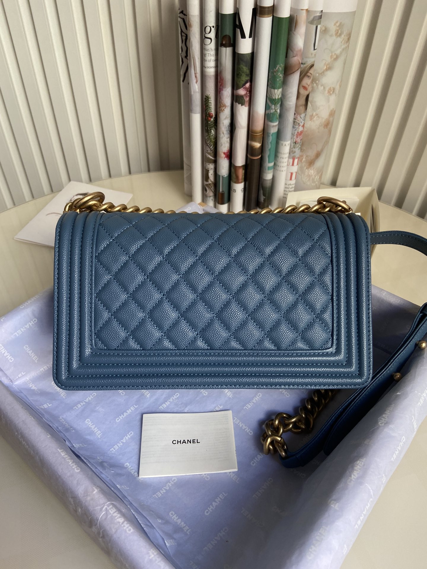 BOY CHANEL HANDBAG Shiny Grained Calfskin & Gold-Tone Metal Blue 5.9 × 9.8 × 3.5 in