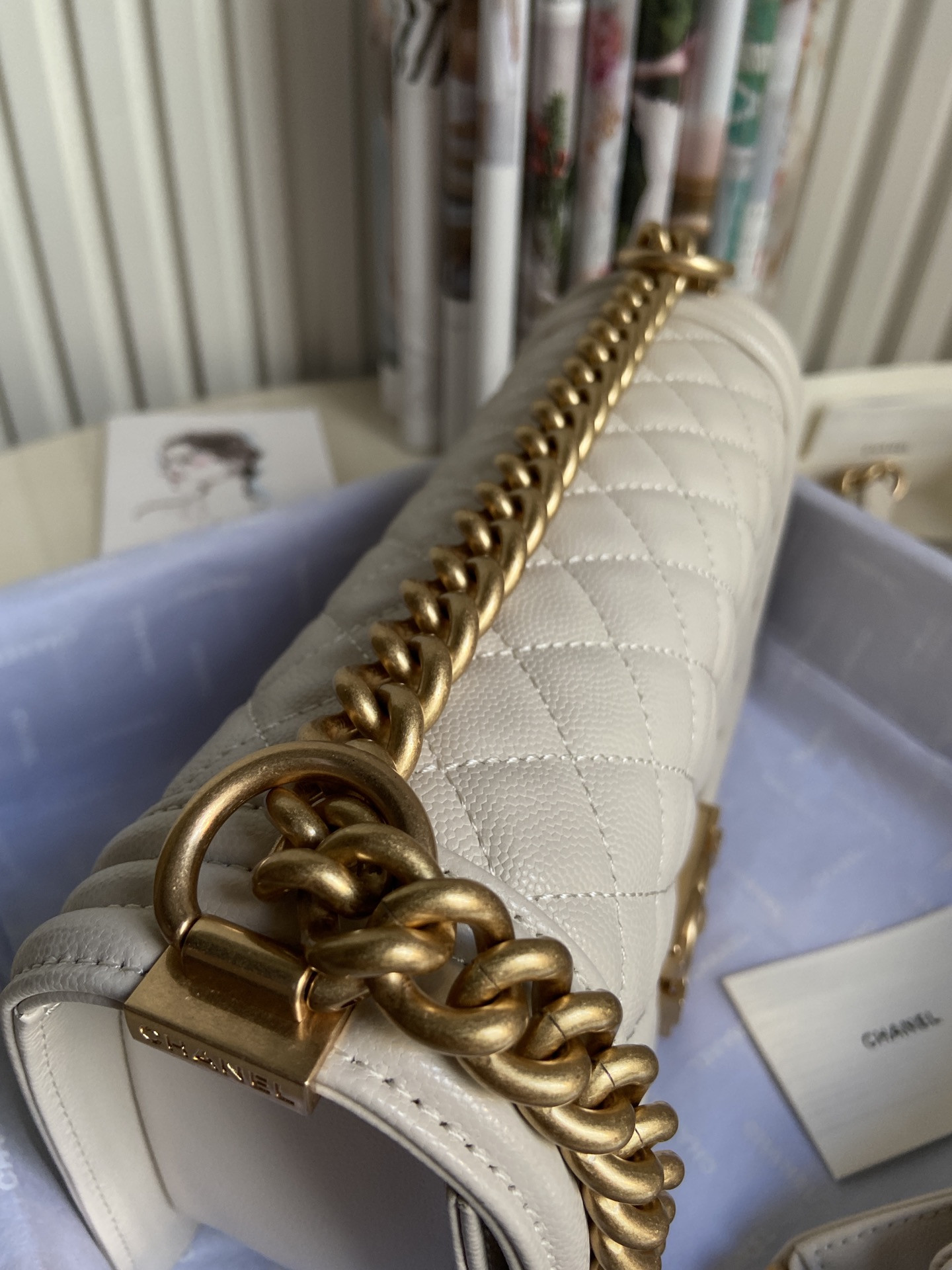 BOY CHANEL HANDBAG Shiny Grained Calfskin & Gold-Tone Metal Beige 5.9 × 9.8 × 3.5 in