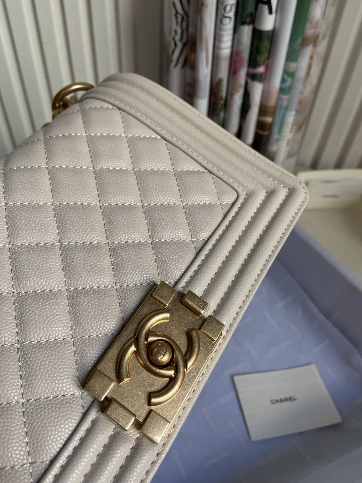 BOY CHANEL HANDBAG Shiny Grained Calfskin & Gold-Tone Metal Beige 5.9 × 9.8 × 3.5 in