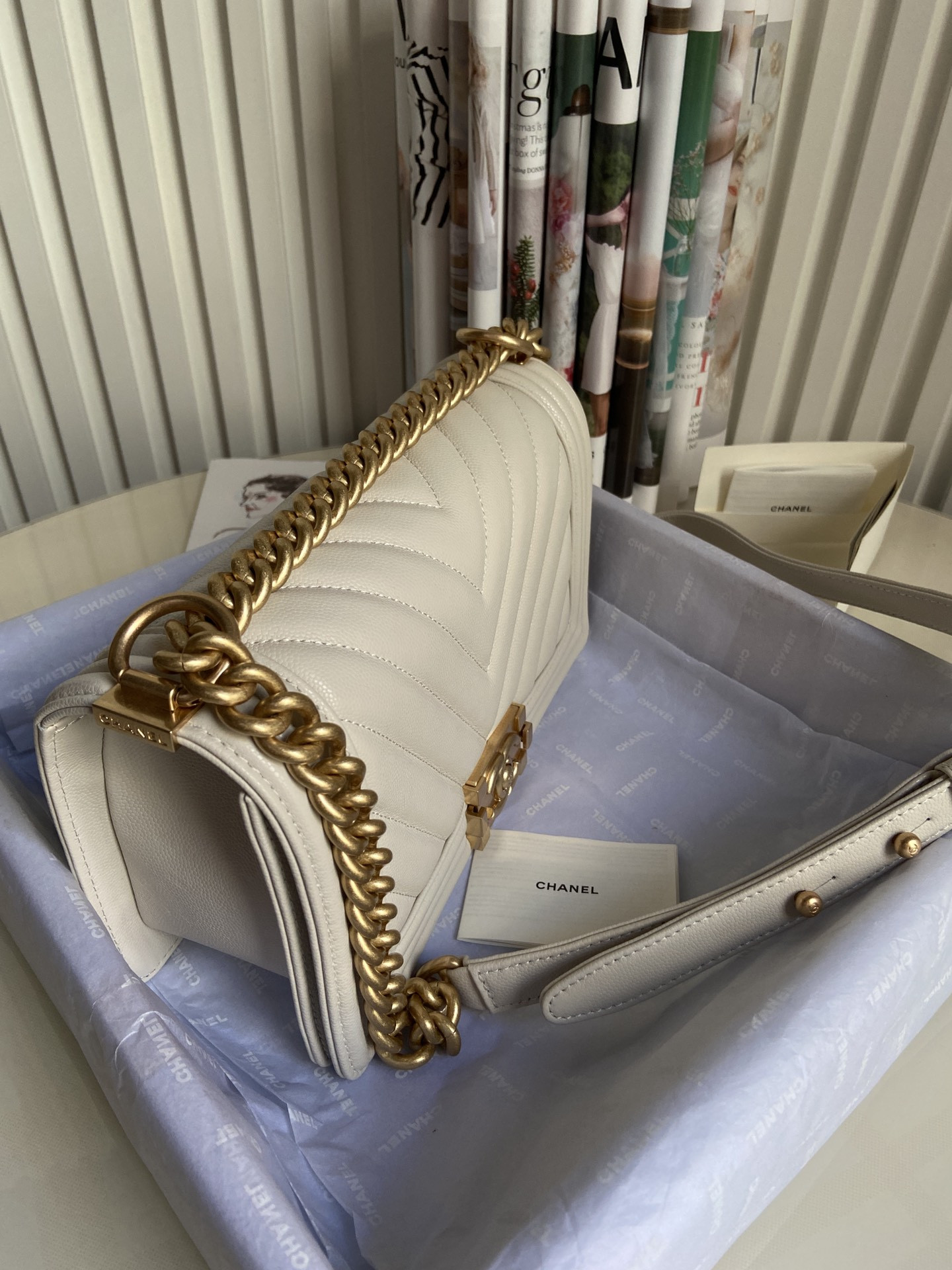 BOY CHANEL HANDBAG Shiny Grained Calfskin & Gold-Tone Metal Beige 5.9 × 9.8 × 3.5 in